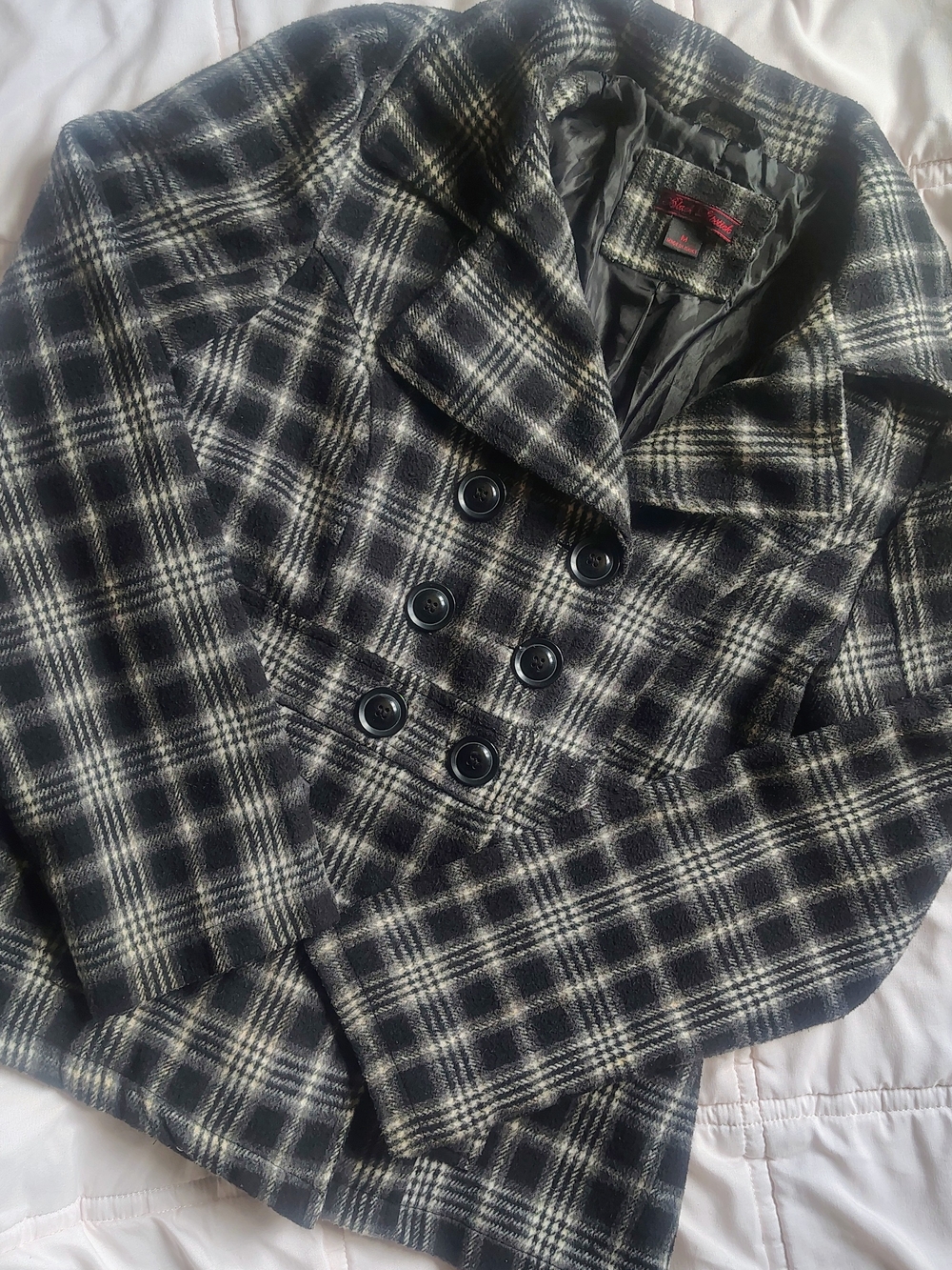 Black Label Black and White Plaid Double-Breasted Pea Coat